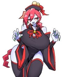 1girl bell_collar bent_over big_breasts blushing female_focus female_only happy hat jiangshi jiangshi_(mannungei) mannungei playful red_hair revealing_clothes skintight_clothing stitches thick_thighs traditional_clothes