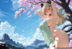 1girl ahoge ai_assisted ai_generated armpits arms_behind_head arms_up bangs blonde_hair blue_sky blush breasts cherry_blossoms choker curvaceous curvy curvy_female curvy_figure day dutch_angle eyebrows_visible_through_hair female flower genshin_impact green_eyes grin hair_ornament huge_breasts kirara_(genshin_impact) large_breasts long_hair looking_at_viewer miyuai nude_cover outdoors petals sky smile solo tail thick thick_ass thick_butt thick_hips thick_legs thick_thighs thighs towel tree voluptuous voluptuous_female wide_hips wide_thighs