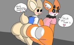 2d 2d_(artwork) 2girls aggretsuko angry angry_vein anthro ass ass_focus bent_over big_ass black_eyes blue_shirt blush blushing bottomless brappycatty bubble_ass digital_media_(artwork) female female_focus female_only fenneko image light_body long_ears looking_at_another looking_back open_mouth orange_body pink_shirt pov sparkling_eyes sunniefunnie tagme tsunoda