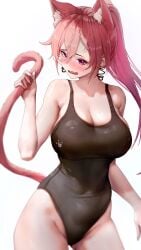 1girl 1girls absurdres animal_ears black_one-piece_swimsuit blush breasts cat_ears cat_girl cat_tail cleavage commentary earrings embarrassed female hair_between_eyes highres jewelry large_breasts long_hair looking_at_viewer mn374390 one-piece_swimsuit open_mouth phase_connect pink_hair ponytail purple_eyes runie_ruse snake_earrings solo swimsuit tail thighs tits virtual_youtuber vtuber white_background