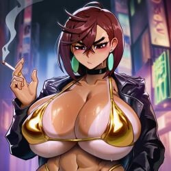 1girls abs ai_assisted ai_generated artist_name auburn_hair ayase_momo big_breasts black_jacket choker cigarette city_background city_lights crimson_eyes dandadan earrings fit_female golden_bikini huge_breasts jacket jacket_open looking_down momo_ayase night nighttime smoking solo solo_female sweat tagme takhiai tan_body tan_skin tanline tanlines