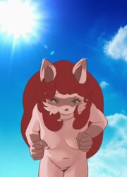 1girls 2016 animated anthro areolae bouncing_breasts breasts cloud erect_nipples female female_only furry green_eyes happy jump_cycle jumping long_hair looking_at_viewer mammal nipples nude pussy raccoon red_hair sicmop sky small_breasts smile solo sun