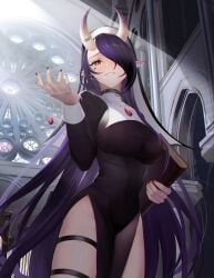 1girl 1girls black_dress black_hair book breasts captain_hannah cathedral church dress facial_mark female gradient_horns hair_over_one_eye heart heart_facial_mark highres holding holding_book horn_ornament horn_ring horns indie_virtual_youtuber large_breasts long_hair long_sleeves looking_at_viewer multicolored_hair multicolored_horns nun nun_headdress oni pelvic_curtain pointy_ears purple_hair purple_horns red_eyes red_nails skin-covered_horns solo stained_glass thigh_strap thighs virtual_youtuber vtuber