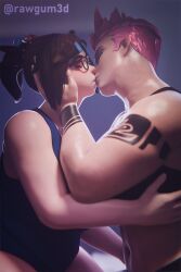 2girls aleksandra_zaryanova artist_name bathing_suit bbw belly belly_overhang biceps bikini bikini_bottom bikini_top brown_hair chubby chubby_female eyes_closed female female/female female_only glasses hair_clip hair_ornament hair_pin hand_on_cheek kissing lesbian lesbian_kiss light-skinned_female light_skin medium_hair mei-ling_zhou mei_(overwatch) mei_ling_zhou muscular muscular_arms muscular_female one-piece_swimsuit overwatch overwatch_2 pink_hair ponytail rawgum short_hair swimsuit tattoo tattoo_on_arm tattooed_arm tattoos toned_stomach tummy watermark wholesome yuri zarya