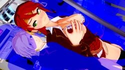 1boy1girl blonde_hair blue_eyes bra breasts exhibitionism fondling_breast green_eyes jaune_arc koikatsu open_shirt panties perfect_idiot public pyrrha_nikos red_hair rwby skirt_lift