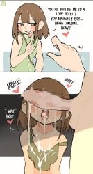 1boy 1boy1girl 1girls brown_hair cum cum_in_mouth female green_eyes heart_symbol lunatheri no_condom original original_character short_hair small_breasts