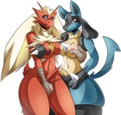 2016 2girls anthro anthrofied areolae avian beak blaziken blue_eyes blue_fur breast_grab breasts canine eyelashes fangs female fur furry hair hi_res looking_at_viewer lucario mammal nintendo nipples nude paws pokemon pokemon_(species) pokemorph red_eyes simple_background smile solo spikes standing suddenhack video_games white_background yellow_sclera