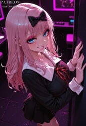1girl ai_generated artist_name black_bow black_dress blue_eyes blunt_bangs blush bow breasts cleavage clothing collarbone collared_dress dress female fujiwara_chika grin hair_bow hair_ornament indoors kaguya-sama_wa_kokurasetai_~tensai-tachi_no_renai_zunousen~ large_breasts long_hair long_sleeves looking_at_viewer makeup monitor neck_ribbon pink_hair red_ribbon ribbon school_uniform shuuchiin_academy_school_uniform skirt smile solo standing teeth thighhighs tile_floor tiles uniform vantawaifu