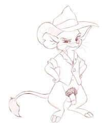 1boy anthro bottomless circumcised clothed clothing disney dress_shirt fedora flaccid front_view hands_on_hips hat jake_(the_rescuers) kangaroo_rat line_art long_tail looking_at_viewer male male_only mammal monochrome navel penis pinup pose pubes rodent shirt solo standing testicles the_rescuers the_rescuers_down_under unknown_artist whiskers