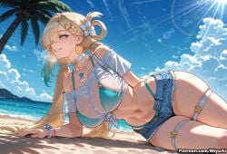 1girl ai_assisted ai_generated arm_support bangs beach bikini bikini_under_clothes blonde_hair blue_eyes blue_sky blush bracelet breasts cleavage collarbone curvaceous curvy curvy_female curvy_figure day denim denim_shorts earrings female flower grin hair_flower hair_ornament hair_over_one_eye highleg_bikini jewelry large_breasts long_hair looking_at_viewer lynae_(wuthering_waves) miyuai navel necklace ocean on_side outdoors palm_tree parted_lips sand see-through shirt short_shorts shorts skindentation sky smile solo swimsuit thick thick_ass thick_butt thick_hips thick_legs thick_thighs thigh_strap thighs tied_shirt tree very_long_hair voluptuous voluptuous_female wet wet_clothes white_shirt wide_hips wide_thighs wuthering_waves