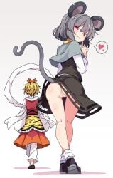 2girls absurdres animal_ears animal_print ass black_shoes black_skirt black_streaks black_vest blonde_hair blush capelet censored clothes_lift commentary dress finger_to_mouth from_behind grey_capelet grey_hair grin hagoromo heart highres korra_down lifted_by_tail lifting_own_clothes long_sleeves looking_at_viewer looking_back mosaic_censoring mouse_ears mouse_girl mouse_tail multicolored_hair multiple_girls nazrin no_panties paid_reward_available pussy red_dress red_eyes shawl shirt shoes short_hair shushing skirt skirt_lift smile socks spoken_heart stealth_flashing streaked_hair tail tiger_print toramaru_shou touhou vest white_shawl white_shirt white_socks