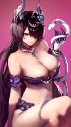 1girl 1girls absurdres animal_ears big_breasts black_hair blue_bra blue_eyes bra breasts erina_makina female hair_over_one_eye highres horns large_breasts long_hair looking_at_viewer mn374390 phase_connect pink_background red_eyes revealing_clothes snake solo tiger_ears tiger_girl tits underwear virtual_youtuber vtuber