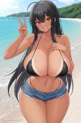 1girl ahoge ai_generated azur_lane bare_shoulders beach bikini bikini_tan black_bikini black_hair breasts cleavage collarbone cowboy_shot crossed_bangs day denim denim_shorts grin hair_between_eyes hand_on_own_chest hand_up huge_breasts long_hair looking_at_viewer navel ocean outdoors red_eyes short_shorts shorts smile solo standing stomach swimsuit taihou_(azur_lane) tan tanlines thigh_gap thighs v very_long_hair water