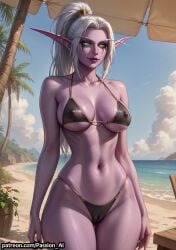 1girl ai_generated ass beach bikini breasts cameltoe colored_skin elf erect_nipples female glowing_eyes green_eyes maiev_shadowsong night_elf passion_ai pointy_ears ponytail seductive seductive_look sexy standing warcraft white_hair world_of_warcraft