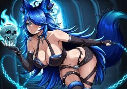 1girl 1girls absurdres animal_ear_fluff animal_ears belt big_breasts black_nails blue_eyes blue_fire blue_hair breasts collarbone commentary elbow_gloves english_commentary face_piercing female fingerless_gloves fire flaming_skull gloves hair_over_one_eye highres holding holding_skull indie_virtual_youtuber leaning_forward lip_piercing long_hair maskey_(maskey_artist) navel navel_piercing piercing scar scar_across_eye scar_on_face second-party_source skull solo spiked_belt spite_(vtuber) tail thigh_belt thigh_strap tits virtual_youtuber vtuber