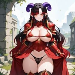 1girls ai_generated amber_eyes big_breasts bikini_armor black_hair breasts cerise_goetis_(vtuber) gauntlets hispanic_virtual_youtuber horns knight_armor latam_virtual_youtuber long_hair looking_at_viewer outdoors panties pointy_ears purple_horn red_hair shoulder_armor solo_female underwear virtual_youtuber vtuber