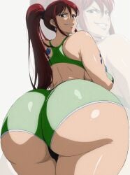 1girl ai_generated arm_tattoo ass ass_bigger_than_head ass_focus breasts brown_eyes bubble_butt earrings erza_scarlet fairy_tail from_behind grin huge_ass jewelry large_breasts long_hair looking_at_viewer looking_back ponytail proud red_hair shiny shiny_skin shorts simple_background smile solo sports_bra tattoo thick_thighs thighs zoom_layer