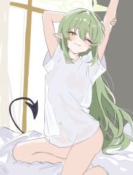 1girl :3 alternate_costume alternate_hairstyle arms_up ass black_tail blue_archive bottomless breasts commentary covered_navel demon_tail dot_nose fang green_hair green_halo halo highres kneeling light_blush long_hair looking_at_viewer naked_shirt no_bra nozomi_(blue_archive) on_bed one_eye_closed pointy_ears see-through_clothes see-through_shirt shirt sidelocks skin_fang small_breasts smile solo tail waking_up white_shirt window yellow_eyes