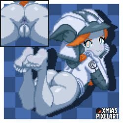 1girls alien alien_girl anus ass big_ass blue_body blue_eyes blue_nipples blue_pussy blue_skin blue_tongue bottomless feet_up female flat_chest flat_chested hat legs_up looking_at_viewer lying lying_on_stomach multiple_views nintendo orange_hair orange_pupils petite petite_body pixel_art pokemon pokemon_sm pokemon_usm ponytail pussy solo tied_hair ultra_recon_squad xmias zossie_(pokemon)