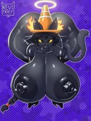 absurd_res anthro anthro_only anthrofied areola artist_logo big_areola big_breasts big_butt big_nipples black_body bodily_fluids breasts butt cat_ears cat_tail catgirl collar female hi_res huge_areola huge_breasts huge_butt huge_nipples humanoid hyper hyper_breasts hyper_butt innersloth logo nipple_piercing nipples oc original original_character piercing revifrry simple_background solo spikes weapon