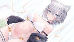 1girl animal_ears blue_eyes bow breasts cat_ears cat_girl cat_tail commentary_request copyright_request curtains grey_hair kurage_cc lingerie navel orange_bow panties tail underwear