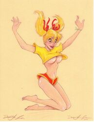 barefoot belly blonde_hair breasts clothed cute dean_yeagle female happy jumping mandy_(dean_yeagle) no_bra red_shorts twintails yellow_shirt