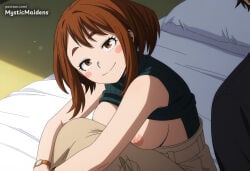 1boy 1girl ai_generated anime anime_style artist_name bed black_shirt blush blush_stickers boku_no_hero_academia boku_no_hero_academia_(finale) breasts brown_eyes brown_hair brown_skirt closed_mouth clothes_lift hentai hetero hi_res indoors large_breasts looking_at_viewer medium_breasts my_hero_academia my_hero_academia_(finale) mystic_maidens nipples no_bra ochako_uraraka on_bed patreon patreon_username shirt short_hair sitting skirt sleeveless smile solo_focus sweater uraraka_ochako watch web_address wristwatch