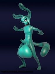 1boy android anthro balls big_balls black_background ears_up erection glans green_skin huge_balls long_ears looking_down machine male male_only mammal oversized_balls penis robot shocked simple_background solo voxell voxell_voxell