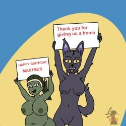2girls 5_fingers adopted adopted_(lore) ass bbw big_ass big_breasts birthday birthday_gift blind_peacock_draws blind_peacock_draws_(artist) breasts daddy_kink daniella_(blindpeacockdraws) emari_(blindpeacockdraws) furry furry_female goblin goblin_female holding_object holding_sign huge_ass huge_breasts max1mus naked naked_female original original_art original_artwork original_characters pet_play petplay pointy_ears ponytail short_stack size_difference wolf wolf_girl xxmax1musxx