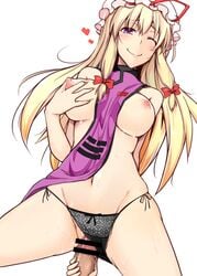 ;) bar_censor black_panties blonde_hair blush bow breasts censored closed_mouth cowboy_shot female from_below groin guided_penetration hairbow hat hat_ribbon heart jajao large_breasts long_hair looking_at_viewer looking_down mob_cap naked_tabard navel nipples one_eye_closed outercourse panties panties_aside penis prodding puffy_nipples purple_eyes red_bow red_ribbon ribbon self_fondle side-tie_panties sidelocks smile solo_focus spread_legs stomach sweat tabard touhou trigram underwear white_background yukari_yakumo