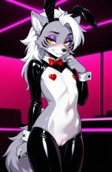 1girls 2026 ai_generated anthro blushing bunnysuit canine club eyeshadow fake_animal_ears female female_only five_nights_at_freddy's five_nights_at_freddy's:_security_breach flat_chest grey_fur half-closed_eyes heart_pasties hi_res indoors inner_ear_fluff innie_pussy long_hair neon_lights pasties pussy reverse_bunnysuit roxanne_wolf_(fnaf) smile white_fur white_hair wolf yellow_eyes zonoya_(artist)