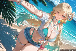 1girl ai_assisted ai_generated bangs bare_shoulders beach bikini blonde_hair blue_eyes blush bracelet breasts cleavage curvaceous curvy curvy_female curvy_figure day denim denim_shorts earrings eyebrows_visible_through_hair female flower front-tie_top gradient_hair grin hair_flower hair_ornament highleg_bikini jewelry large_breasts long_hair looking_at_viewer lynae_(wuthering_waves) miyuai mole_under_mouth navel necklace ocean outdoors palm_tree pendant sand scrunchie shirt short_shorts shorts sky smile solo swimsuit thick thick_ass thick_butt thick_hips thick_legs thick_thighs thigh_strap tied_shirt tree very_long_hair voluptuous voluptuous_female water wide_hips wide_thighs wrist_scrunchie wuthering_waves