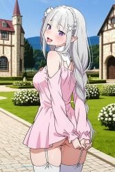 1girl ai_assisted ai_generated anime_screencap anthro aroused bare_shoulders beach blue_pupils blunt_bangs blush braided_ponytail butt_crack cowboy_shot crown_braid detailed_fur embarrassed emilia from_behind furry garter_straps gluteal_fold grass green_gemstone grey_hair hair_flower head_tilt light_smile long_hair long_sleeves medium_breasts nude oiled_body open_mouth petite pink_dress pink_ribbon pointy_ears purple_eyes pussy_juice_leaking red_cheeks short_dress shoulder_cutout slit_pupils small_breasts solo sweating thick_thighs tongue_out white_collar white_rose x_hair_ornament