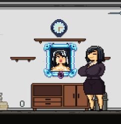 ahegao artist_request boss bukkake character_request content_smile framed_photo framed_picture fully_clothed game office_clothing office_lady pixel_art short_hair smile smiling voluptuous_body voluptuous_female