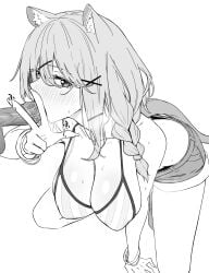 1boy 1girl absurdres all_fours animal_ear_fluff animal_ears arknights bikini braid breasts cleavage commentary_request fellatio greyscale hair_ornament hetero highres kyoro_(kyoroillust) large_breasts long_hair monochrome oral penis shorts solo_focus striped_bikini striped_clothes swimsuit tail utage_(arknights) utage_(summer_flowers)_(arknights) v x_hair_ornament