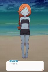 1girls alien alien_girl beach bikini blue_body blue_eyes blue_nipples blue_pussy blue_skin blue_tongue dialogue exhibitionism female flat_chest flat_chested japanese_text nintendo orange_hair orange_pupils outdoor_nudity outdoors petite petite_body pokemon pokemon_sm pokemon_usm ponytail solo tied_hair ultra_recon_squad zossie_(pokemon)