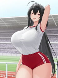 1girl :d ahoge ai_generated arm_behind_head arm_up armpits azur_lane black_hair bra_visible_through_clothes breasts buruma cowboy_shot crossed_bangs gym_uniform hair_between_eyes huge_breasts long_hair looking_at_viewer open_mouth outdoors red_eyes red_shorts shirt shirt_tucked_in short_sleeves shorts smile solo stadium taihou_(azur_lane) tented_shirt thighs very_long_hair white_shirt