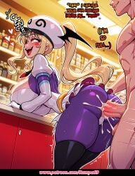 1boy 1girl ai_generated bent_over blonde_hair blush charlie_morningstar_(hazbin_hotel) cleavage clothed_sex creampie cum cum_inside cum_on_butt doggystyle english_text female gloves hat hazbin_hotel hetero huge_ass huge_breasts lala_satalin_deviluke male messy_cum penetration penis rampa69 red_eyes sex speech_bubble standing_sex store sweat thick_thighs thighhighs twintails uncensored