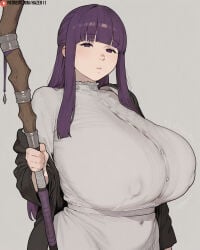 1girls ai_generated breasts covered_nipples dress fern_(sousou_no_frieren) frieren_beyond_journey's_end haze911 huge_breasts long_hair looking_at_viewer plump purple_hair solo sousou_no_frieren white_dress