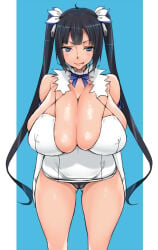 1girls big_breasts black_hair black_panties blue_eyes breasts_bigger_than_head dungeon_ni_deai_wo_motomeru_no_wa_machigatteiru_darou_ka female female_only heavy_breasts hestia_(danmachi) libre looking_at_viewer white_dress