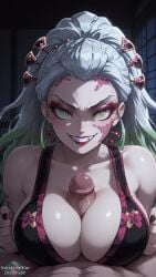 1girls ai_generated big_breasts boobjob breast_squeeze breasts clenched_teeth curvy curvy_body curvy_female daki_(kimetsu_no_yaiba) demon demon_slayer dreamyan_ai fangs green_eyes green_hair hi_res high_quality high_resolution highres huge_breasts kimetsu_no_yaiba large_breasts long_hair looking_at_viewer makeup male_pov oni paizuri pov revealing_clothes seductive seductive_eyes seductive_look seductive_mouth seductive_pose seductive_smile slit_pupils smile smiling thick_ass thick_thighs thighhighs thighs titjob uncensored very_long_hair white_hair