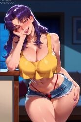 1girl ai_generated arzagod big_breasts blush brown_eyes evangelion katsuragi_misato large_breasts long_hair misato_katsuragi neon_genesis_evangelion perfect_legs purple_hair tagme thick_thighs
