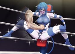 1boy 1girl 1girls absurdres ahoge big_breasts black_sclera blue_hair blue_leotard blue_thighhighs blush boxing_ring braid braided_twintails breasts choker colored_sclera colored_skin colored_tongue covered_erect_nipples female female_ejaculation frilled_choker frills glasses grey_sclera grey_skin highleg highleg_leotard highres humiliation large_breasts leotard muscular muscular_male open_mouth orgasm punching purple_tongue pussy_juice round_eyewear sharp_teeth socks_agency spookyjamil spread_legs squirting tail teeth thighhighs thighs tiefling tits tongue tongue_out virtual_youtuber vtuber wrestling_ring yellow_eyes yomi_quinnley