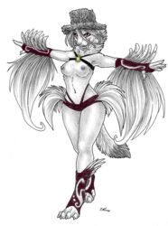 breasts clothed clothing costume ermine feathers female hat mammal mardi_gras mustelid nipples sabretoothed_ermine simple_background sketch solo top_hat topless white_background