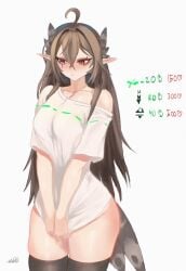 1girl ahoge averting_eyes bird_girl bird_tail black_thighhighs blush bowen_xand49316 breasts brown_feathers brown_hair feather_hair_ornament feathers grey_eyes hair_ornament heterochromia highres indie_virtual_youtuber kumi_(vtuber) long_hair looking_down orange_eyes pointy_ears scar scar_across_eye scar_on_face shirt solo standing tail thighhighs thighs twitter_strip_game virtual_youtuber white_background white_shirt