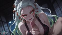 1girls ai_generated big_breasts breasts curvy curvy_body curvy_female daki_(kimetsu_no_yaiba) demon demon_slayer dreamyan_ai green_eyes green_hair hi_res high_quality high_resolution highres huge_breasts imminent_sex kimetsu_no_yaiba large_breasts long_hair looking_at_viewer makeup male_pov oni penis_grab pov revealing_clothes seductive seductive_eyes seductive_look seductive_mouth seductive_pose seductive_smile slit_pupils smile smiling thick_ass thick_thighs thighhighs thighs uncensored very_long_hair white_hair