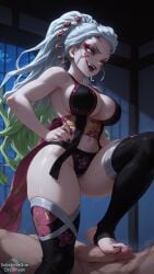1girls ai_generated barefoot big_breasts breasts curvy curvy_body curvy_female daki_(kimetsu_no_yaiba) demon demon_slayer dreamyan_ai fangs feet femdom foot_fetish foot_focus footjob green_eyes green_hair hi_res high_quality high_resolution highres huge_breasts kimetsu_no_yaiba large_breasts long_hair makeup oni open_mouth revealing_clothes seductive seductive_eyes seductive_look seductive_mouth seductive_pose seductive_smile slit_pupils smile smiling standing standing_on_one_leg stirrup_legwear thick_ass thick_thighs thighhighs thighs toes uncensored very_long_hair white_hair