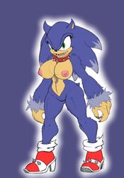 2016 anthro areolae black_nose blue_fur breasts chain claws collar curvy erect_nipples eyelashes fangs female female_only footwear full_body green_eyes high_heels highres huge_breasts naked_footwear nipples nude perky_breasts pussy rule_63 slashysmiley socks solo sonic_(series) sonic_the_hedgehog sonic_the_werehog sonique_the_hedgehog soulteam spiked_collar spiked_heels spikes standing tail werehog