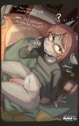 blush femboy gay glasses looking_at_viewer looking_up mawmain nintendo_switch penis shirt sitting sitting_on_bed visible_penis