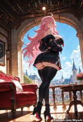 1girl ahoge ai_assisted ai_generated ass bare_shoulders black_legwear boots breasts curvaceous curvy curvy_female curvy_figure female from_below gloves high_heel_boots high_heels huge_breasts jacket katarina_(league_of_legends) league_of_legends long_hair looking_at_viewer looking_back miyuai off_shoulder pink_eyes pink_hair skirt sky solo standing thick thick_ass thick_butt thick_hips thick_legs thick_thighs thighhighs voluptuous voluptuous_female wide_hips wide_thighs